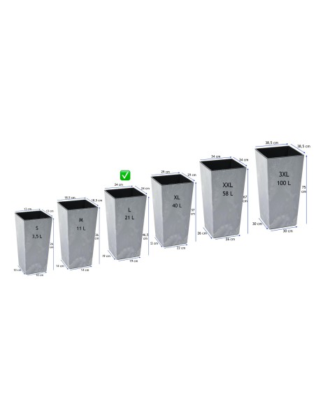 Plantenbak vierkant L hoog 24 × 24 × 47 cm betonlook, 21 L – Betongrijs | Töpferkönig