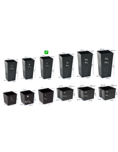 Pot haut carré L 24 × 24 × 47 cm aspect béton, 21 L – Béton noir | Töpferkönig