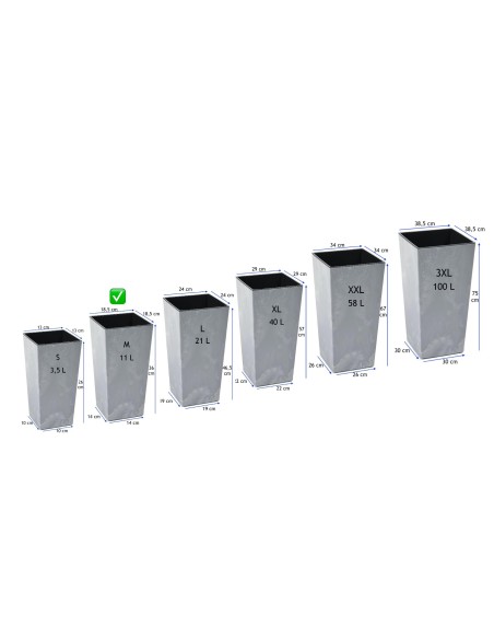 Plantenbak vierkant M hoog 19 × 19 × 36 cm betonlook, 11 L – Betongrijs | Töpferkönig