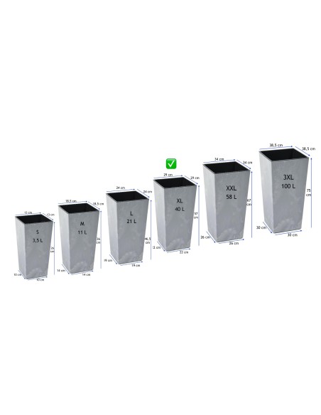 Blumenkübel eckig XL hoch 29 × 29 × 57 cm Beton-Optik, 40 L – Beton Grau | Töpferkönig