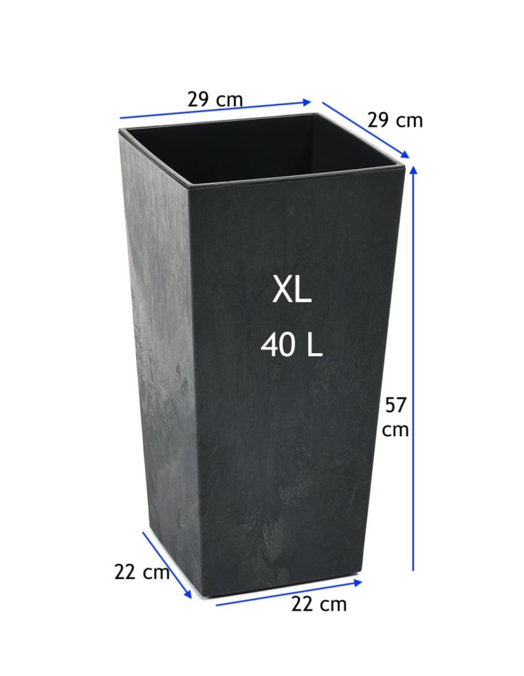 Pot haut carré XL 29 × 29 × 57 cm aspect béton, 40 L – Béton noir | Töpferkönig