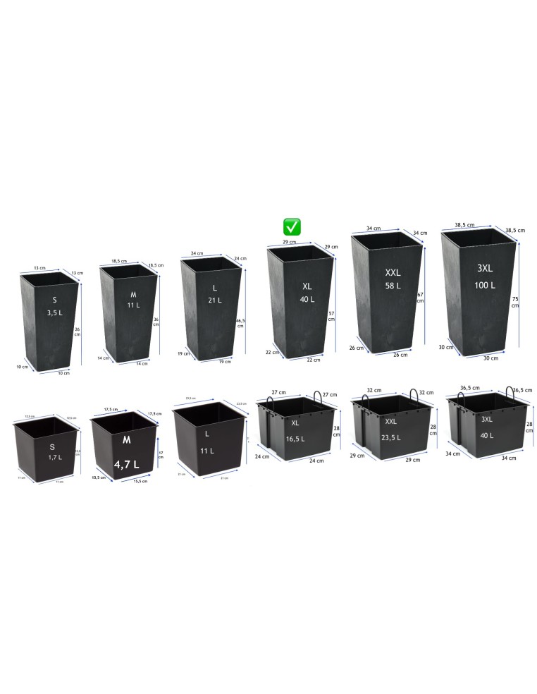 Fioriera quadrata XL alta 29 × 29 × 57 cm effetto cemento, 40 L – Nero cemento | Töpferkönig