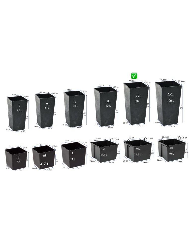 Blumenkübel eckig XXL hoch 34 × 34 × 67 cm Beton-Optik, 58 L – Beton Schwarz | Töpferkönig