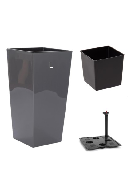Pot haut carré L 29 × 29 × 57 cm brillant avec système d'arrosage, 21 L – Anthracite | Töpferkönig