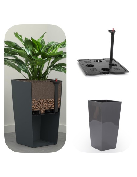 Pot haut carré L 29 × 29 × 57 cm brillant avec système d'arrosage, 21 L – Anthracite | Töpferkönig