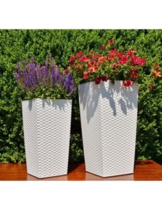 Juego de 2 maceteros cuadrados efecto ratán 24 × 24 × 47 + 29 × 29 × 57 cm – Blanco | Töpferkönig