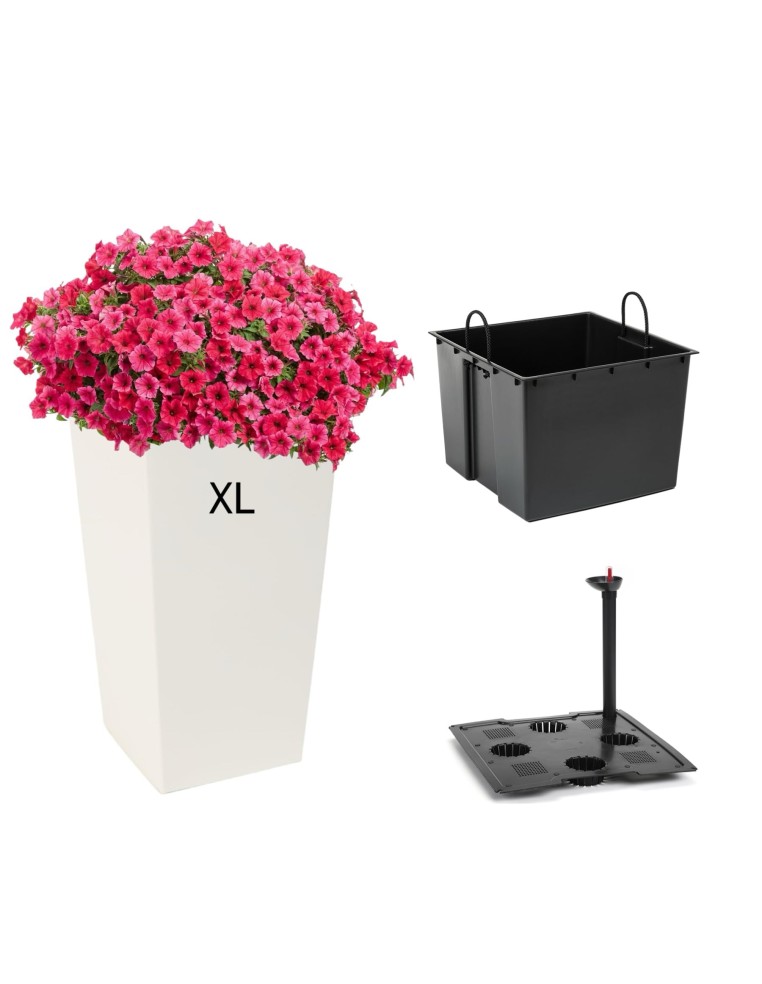 Macetero cuadrado XL alto 29 × 29 × 57 cm brillante con sistema de riego, 40 L – Crema | Töpferkönig