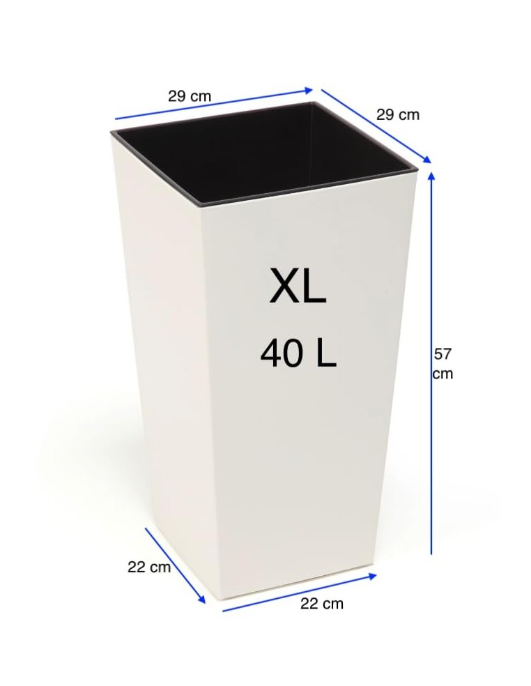 Pot haut carré XL 29 × 29 × 57 cm brillant avec système d'arrosage, 40 L – Crème | Töpferkönig