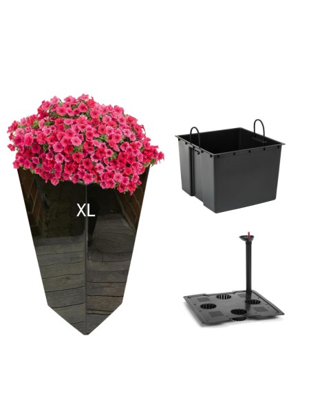 Pot haut carré XL 29 × 29 × 57 cm brillant avec système d'arrosage, 40 L – Noir | Töpferkönig