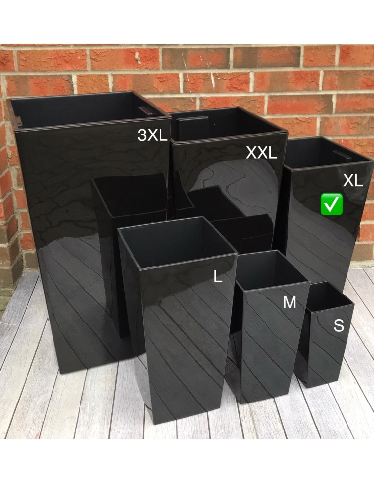 Pot haut carré XL 29 × 29 × 57 cm brillant avec système d'arrosage, 40 L – Noir | Töpferkönig