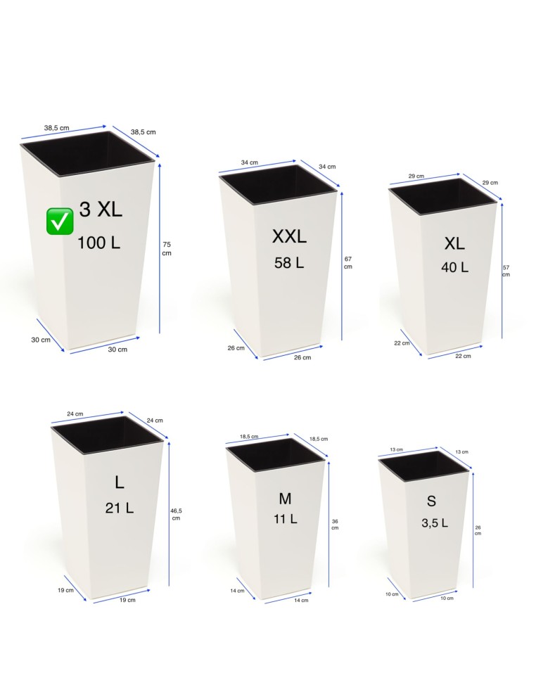 Pot haut carré 3XL 39 × 39 × 75 cm brillant, 100 L – Crème | Töpferkönig