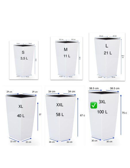 Pot haut carré 3XL 39 × 39 × 75 cm brillant, 100 L – Blanc | Töpferkönig