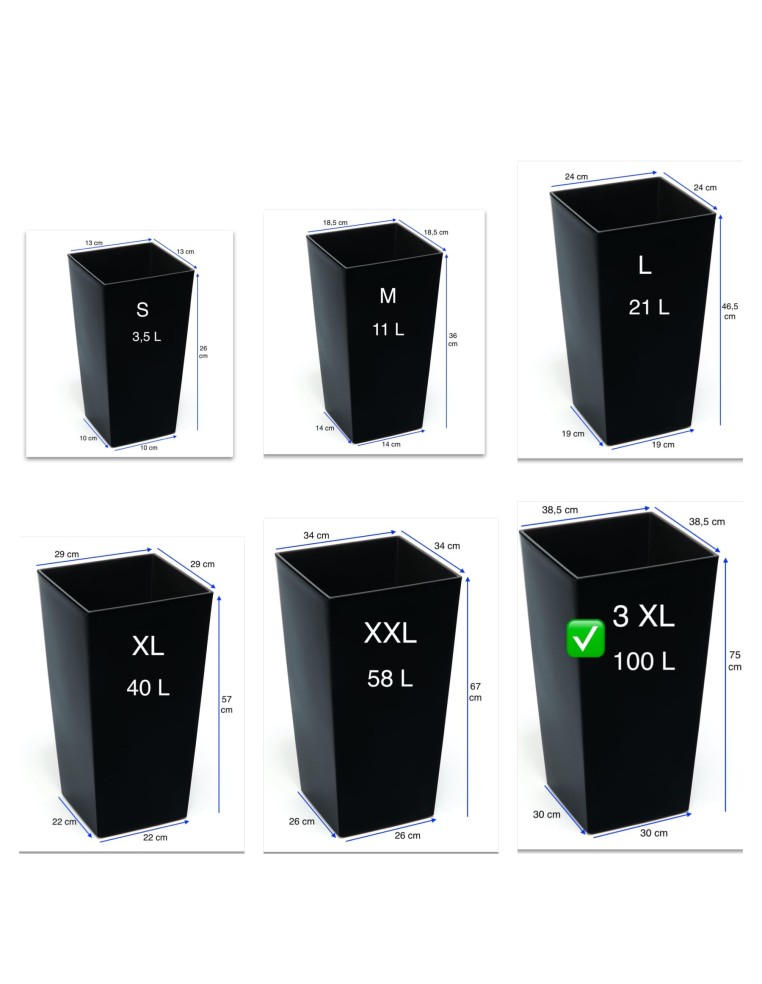 Blumenkübel eckig 3XL hoch 39 × 39 × 75 cm Hochglanz, 100 L – Schwarz | Töpferkönig