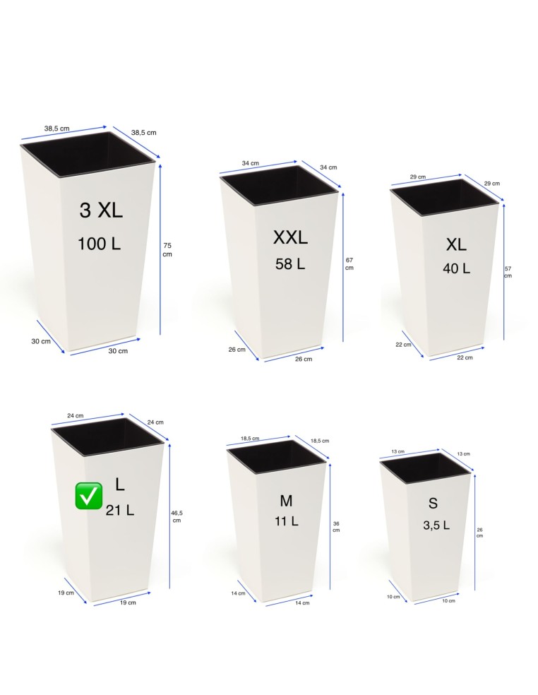 Pot haut carré L 24 × 24 × 47 cm brillant, 21 L – Crème | Töpferkönig