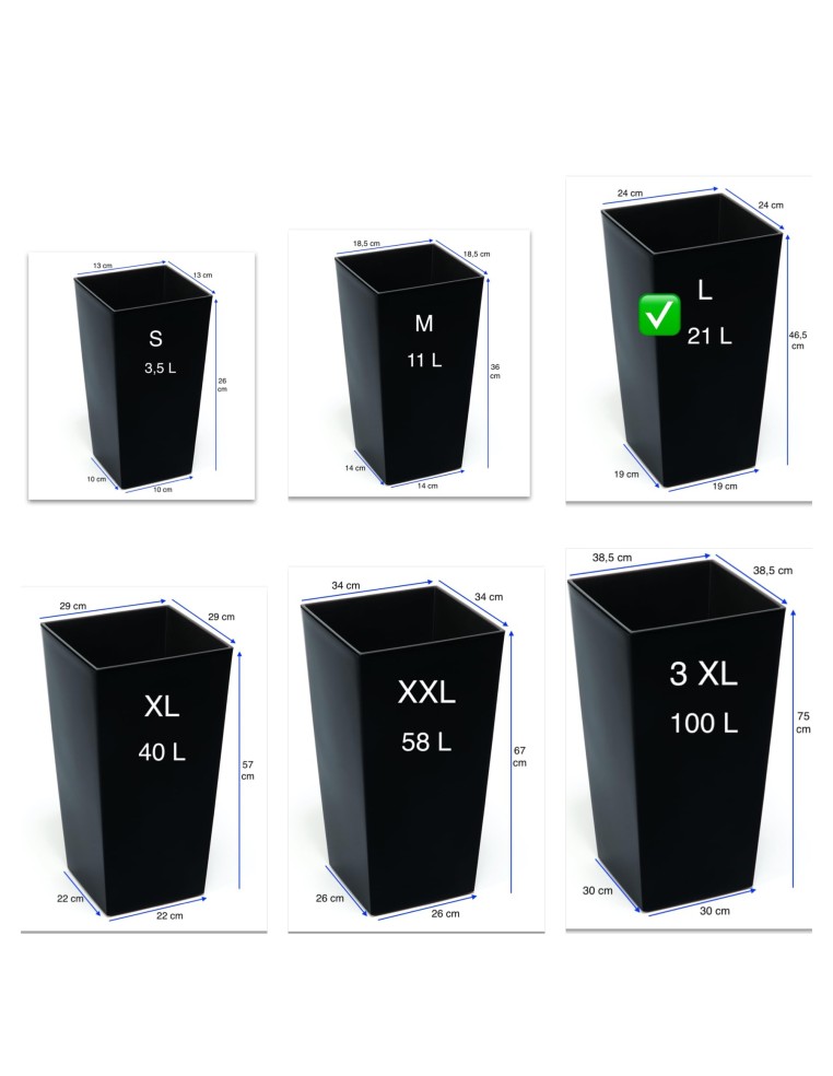 Pot haut carré L 24 × 24 × 47 cm brillant, 21 L – Noir | Töpferkönig