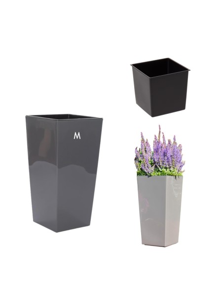 Plantenbak vierkant M hoog 19 × 19 × 36 cm hoogglans, 11 L – Antraciet | Töpferkönig