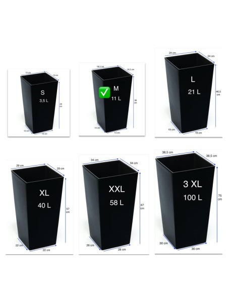 Fioriera quadrata M alta 19 × 19 × 36 cm lucida, 11 L – Nero | Töpferkönig