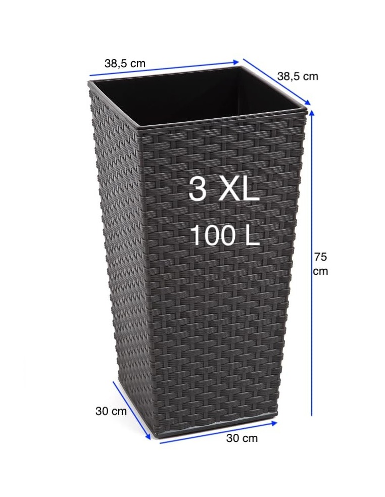 Plantenbak vierkant rotanlook 3XL hoog 39 × 39 × 75 cm, 100 L – Antraciet | Töpferkönig
