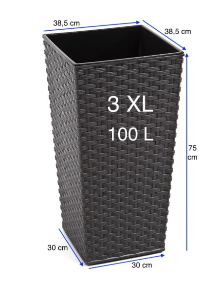 Fioriera quadrata effetto rattan 3XL alta 39 × 39 × 75 cm, 100 L – Antracite | Töpferkönig