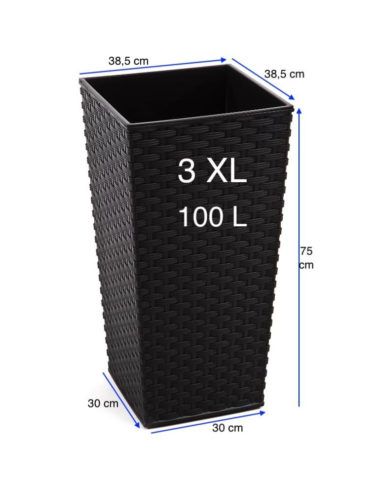 Macetero cuadrado efecto ratán 3XL alto 39 × 39 × 75 cm, 100 L – Negro | Töpferkönig