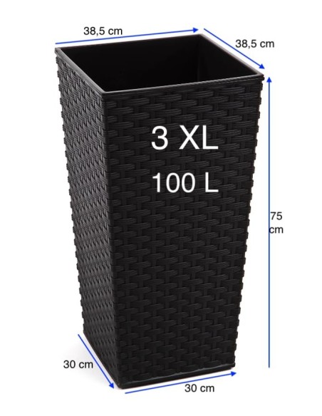 Macetero cuadrado efecto ratán 3XL alto 39 × 39 × 75 cm, 100 L – Negro | Töpferkönig