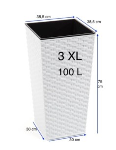 Macetero cuadrado efecto ratán 3XL alto 39 × 39 × 75 cm, 100 L – Blanco | Töpferkönig 2