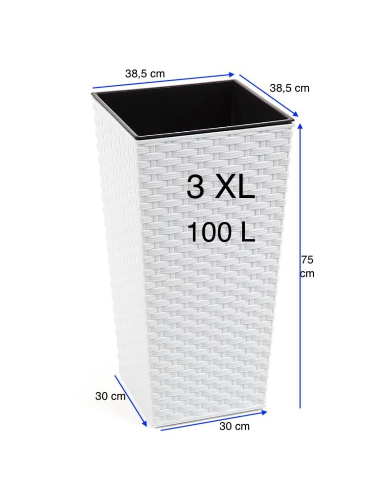 Macetero cuadrado efecto ratán 3XL alto 39 × 39 × 75 cm, 100 L – Blanco | Töpferkönig