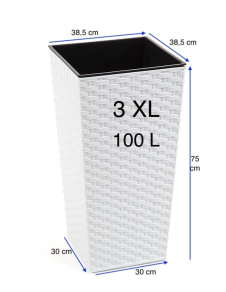 Macetero cuadrado efecto ratán 3XL alto 39 × 39 × 75 cm, 100 L – Blanco | Töpferkönig
