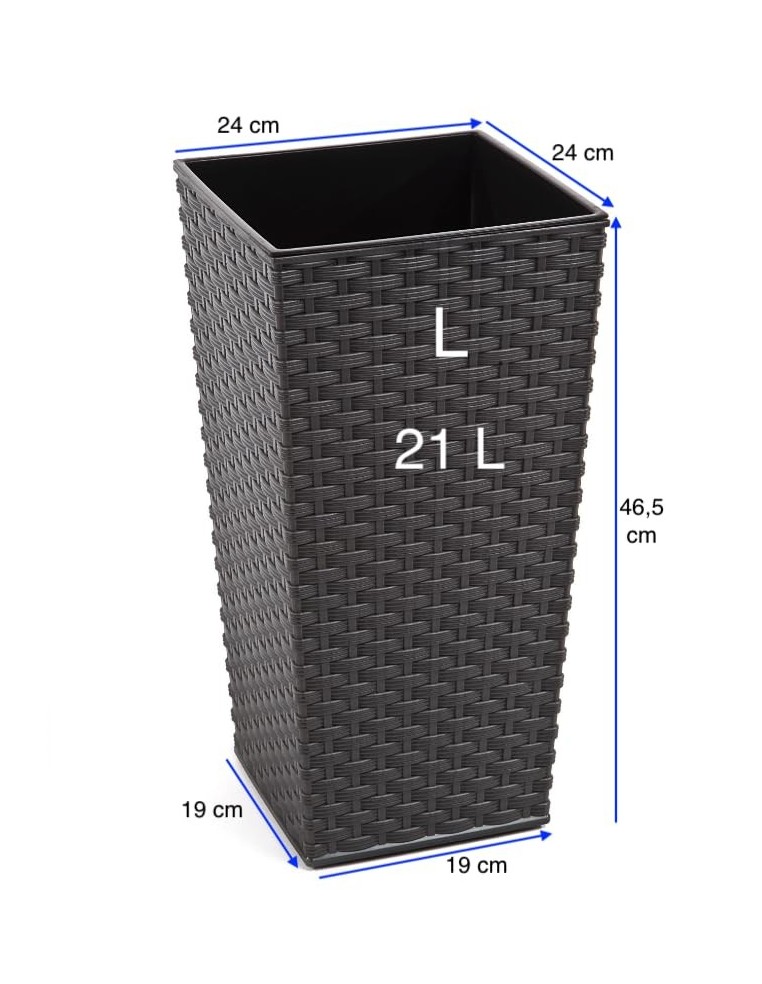 Macetero cuadrado efecto ratán L alto 24 × 24 × 47 cm, 21 L – Antracita | Töpferkönig