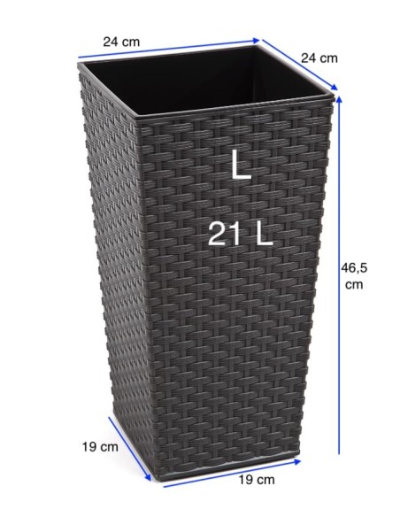 Macetero cuadrado efecto ratán L alto 24 × 24 × 47 cm, 21 L – Antracita | Töpferkönig