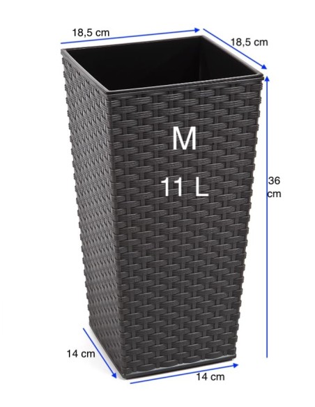 Blumenkübel eckig Rattan-Optik M hoch 19 × 19 × 36 cm, 11 L – Anthrazit | Töpferkönig