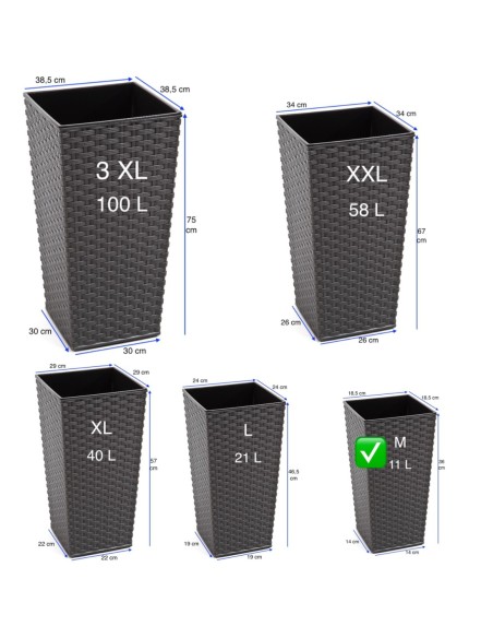 Pot haut carré aspect rotin M 19 × 19 × 36 cm, 11 L – Anthracite | Töpferkönig