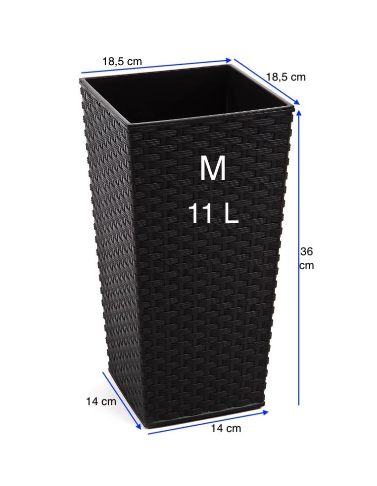 Pot haut carré aspect rotin M 19 × 19 × 36 cm, 11 L – Noir | Töpferkönig
