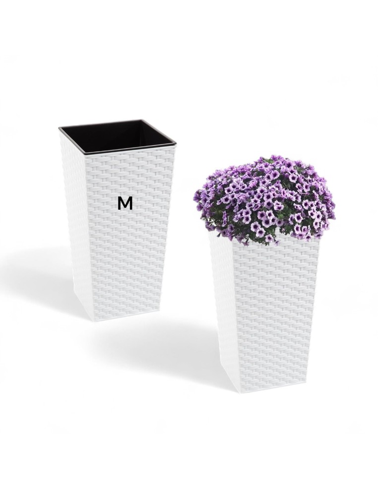Macetero cuadrado efecto ratán M alto 19 × 19 × 36 cm, 11 L – Blanco | Töpferkönig
