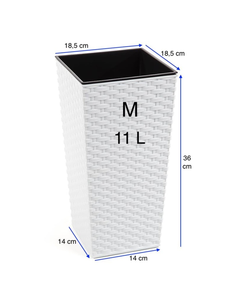 Plantenbak vierkant rotanlook M hoog 19 × 19 × 36 cm, 11 L – Wit | Töpferkönig