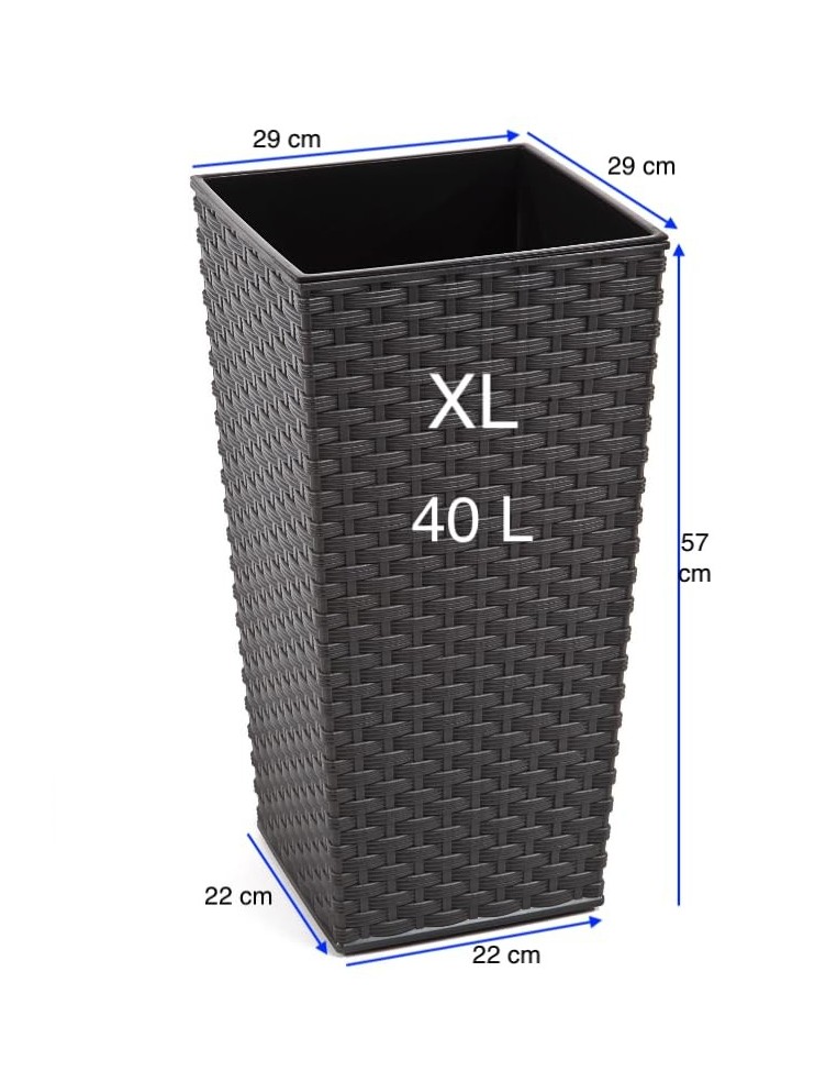 Pot haut carré aspect rotin XL 29 × 29 × 57 cm, 40 L – Anthracite | Töpferkönig
