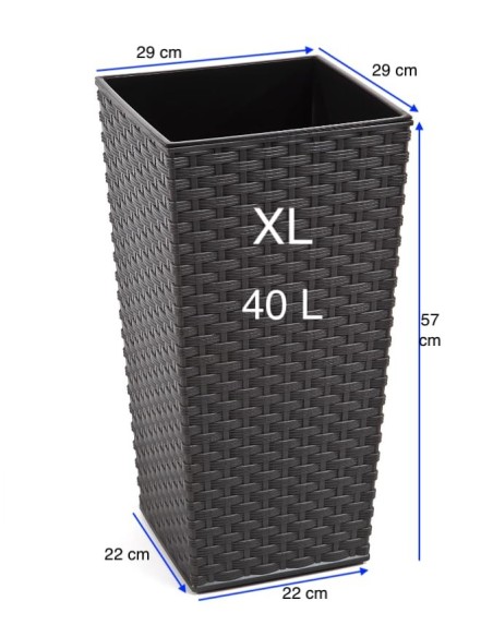 Fioriera quadrata effetto rattan XL alta 29 × 29 × 57 cm, 40 L – Antracite | Töpferkönig