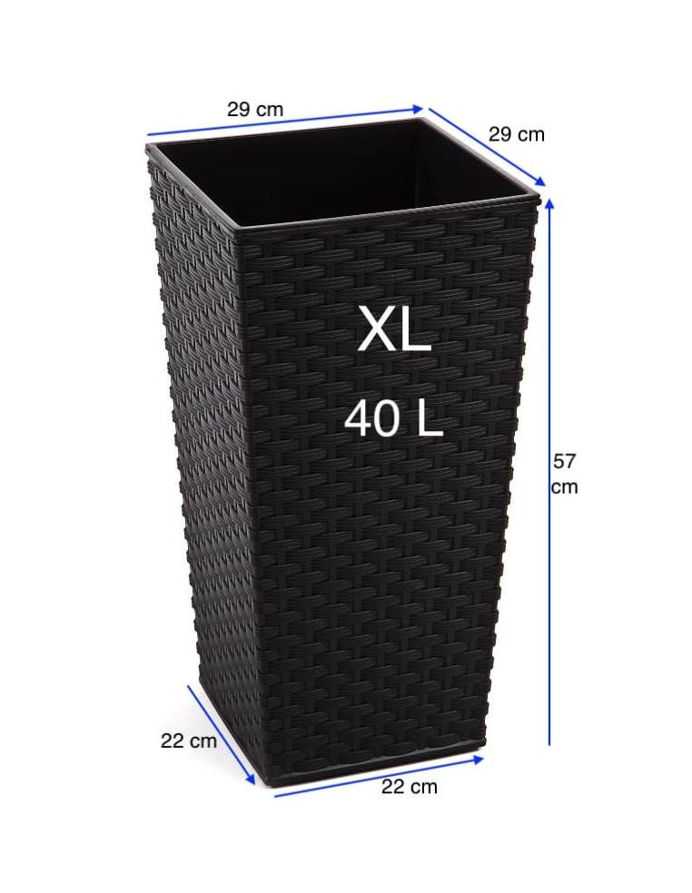 Plantenbak vierkant rotanlook XL hoog 29 × 29 × 57 cm, 40 L – Zwart | Töpferkönig