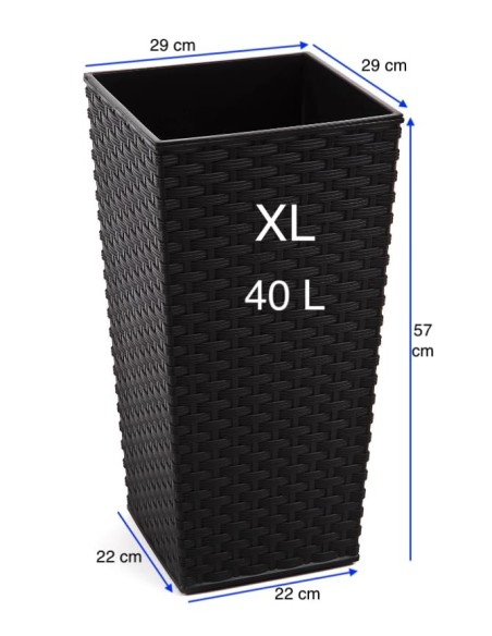 Macetero cuadrado efecto ratán XL alto 29 × 29 × 57 cm, 40 L – Negro | Töpferkönig