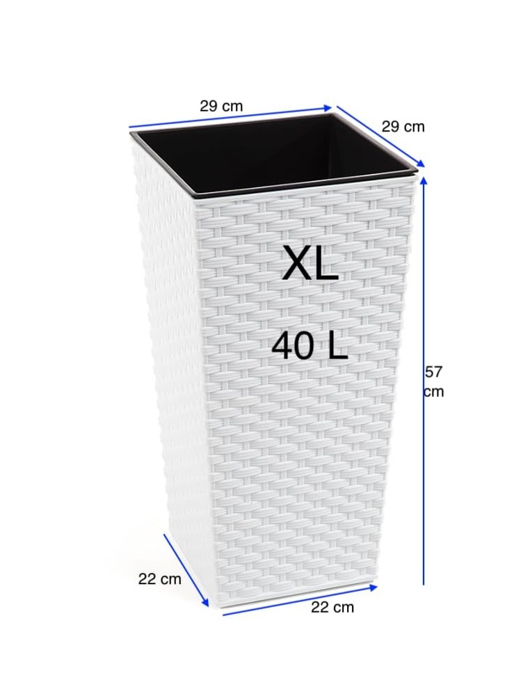 Pot haut carré aspect rotin XL 29 × 29 × 57 cm, 40 L – Blanc | Töpferkönig