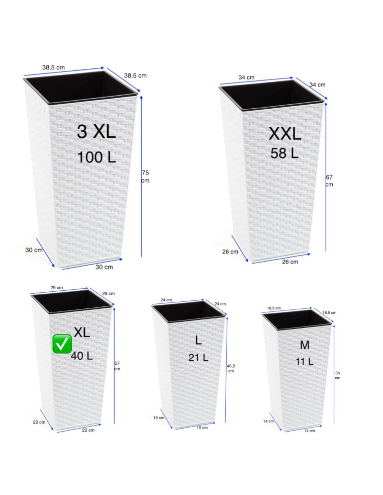 Macetero cuadrado efecto ratán XL alto 29 × 29 × 57 cm, 40 L – Blanco | Töpferkönig