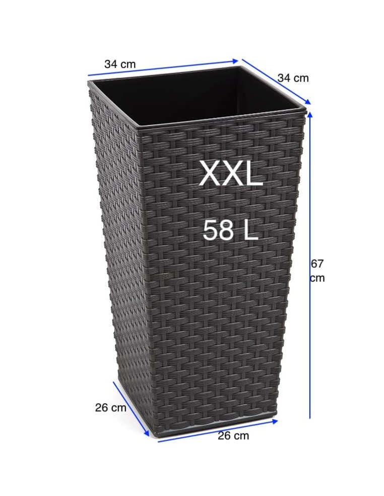 Macetero cuadrado efecto ratán XXL alto 34 × 34 × 67 cm, 58 L – Antracita | Töpferkönig