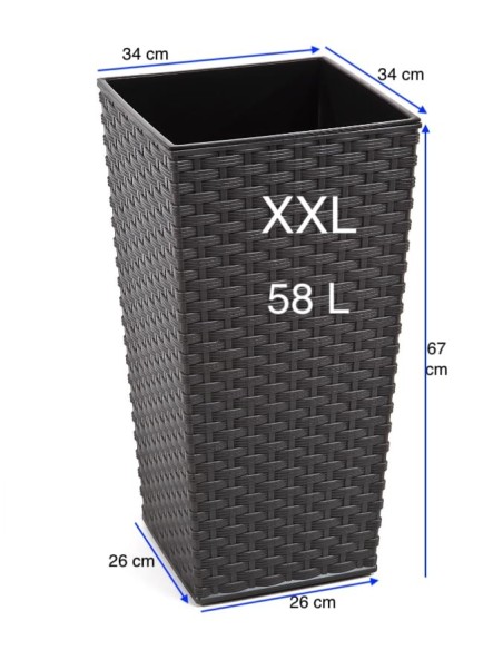 Macetero cuadrado efecto ratán XXL alto 34 × 34 × 67 cm, 58 L – Antracita | Töpferkönig
