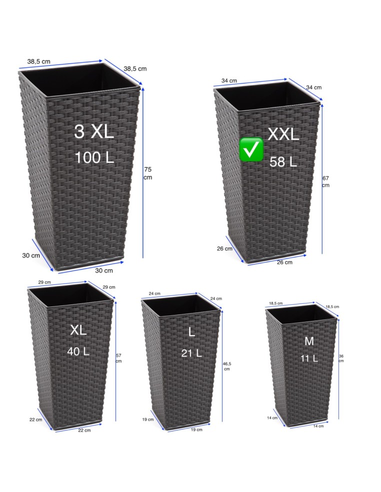 Macetero cuadrado efecto ratán XXL alto 34 × 34 × 67 cm, 58 L – Antracita | Töpferkönig