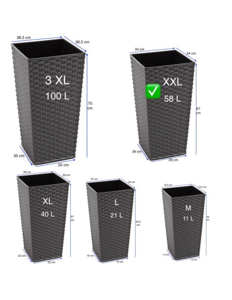 Plantenbak vierkant rotanlook XXL hoog 34 × 34 × 67 cm, 58 L – Antraciet | Töpferkönig