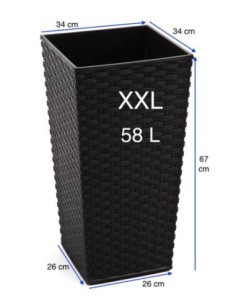 Macetero cuadrado efecto ratán XXL alto 34 × 34 × 67 cm, 58 L – Negro | Töpferkönig 2