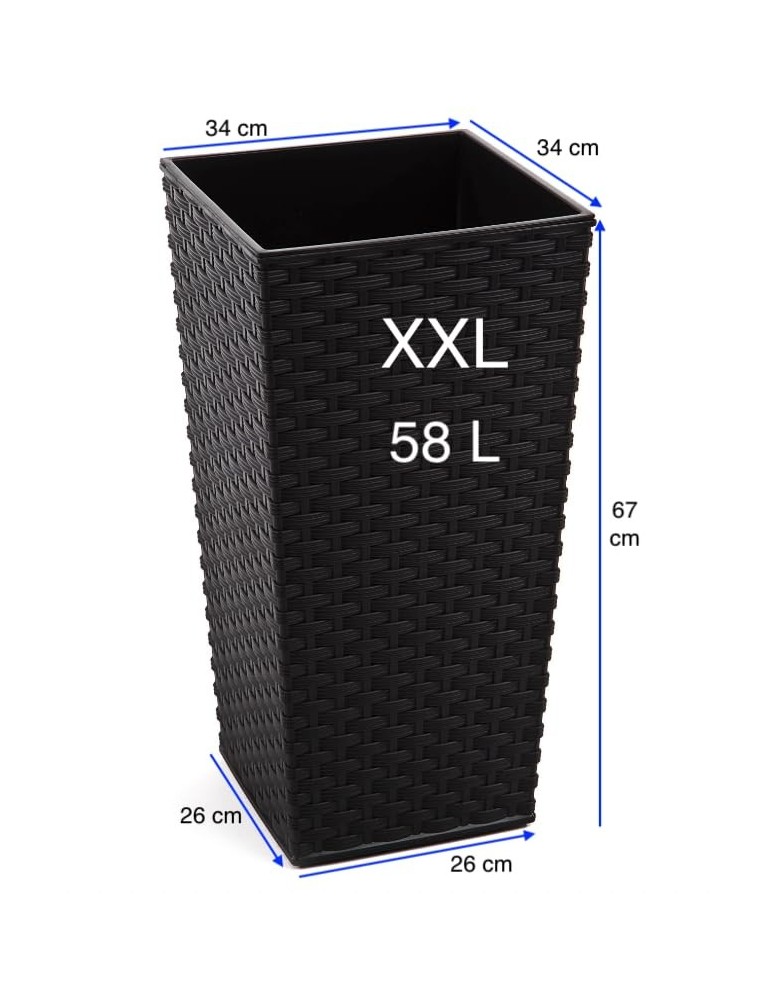 Fioriera quadrata effetto rattan XXL alta 34 × 34 × 67 cm, 58 L – Nero | Töpferkönig