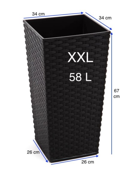 Pot haut carré aspect rotin XXL 34 × 34 × 67 cm, 58 L – Noir | Töpferkönig