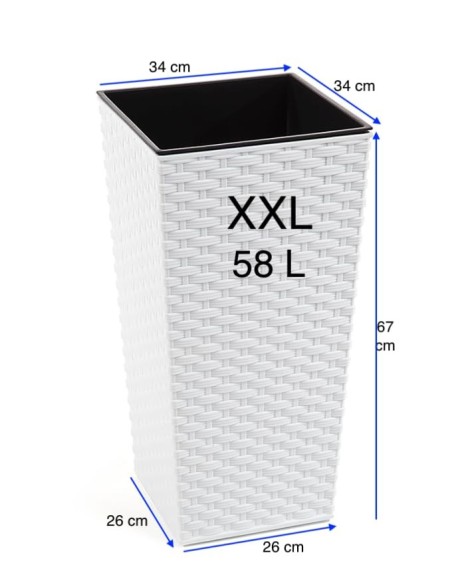 Fioriera quadrata effetto rattan XXL alta 34 × 34 × 67 cm, 58 L – Bianco | Töpferkönig