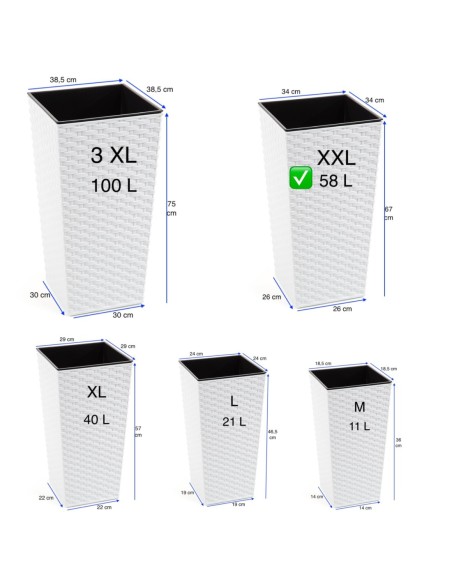 Pot haut carré aspect rotin XXL 34 × 34 × 67 cm, 58 L – Blanc | Töpferkönig